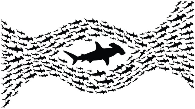 Black shark hunting school of fish in dynamic ocean motion illustration isolated on white background