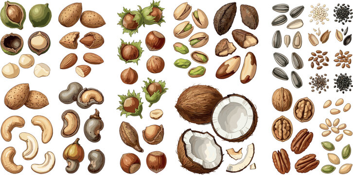 Edible nuts and seeds vector icon set with hand drawn almond cashew walnut hazelnut pistachio coconut brazil nut macadamia peanuts and sunflower seeds on white background