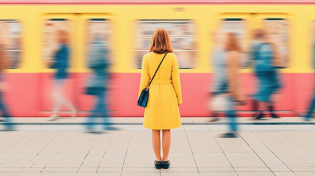 A woman standing in a crowded subway station. The theme of emotional loneliness.