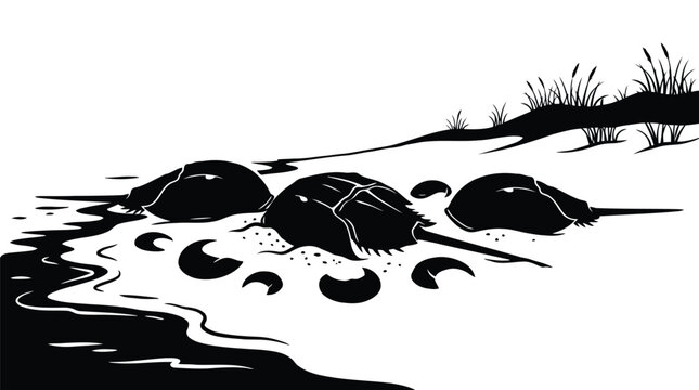Black and white rocky stream illustration with water flow and natural landscape concept isolated on white background