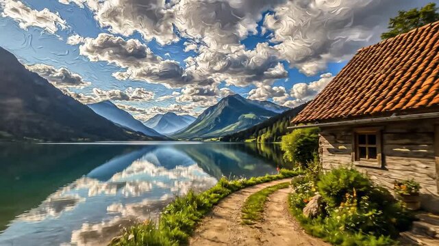 Digital oil painting of a rustic wooden cabin by a serene mountain lake with vibrant flowers.