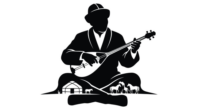 Musician silhouette playing traditional string instrument in relaxed outdoor setting isolated on white background