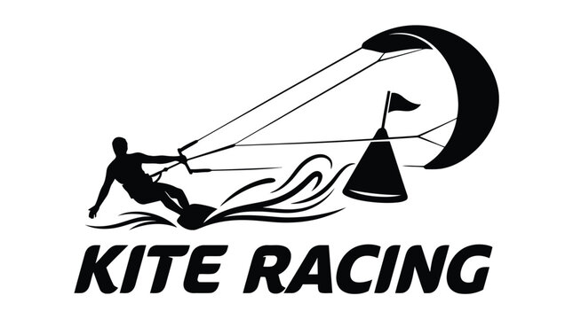 Dynamic kite racing logo with action silhouette and wind-powered sport concept in bold black vector design isolated on white background