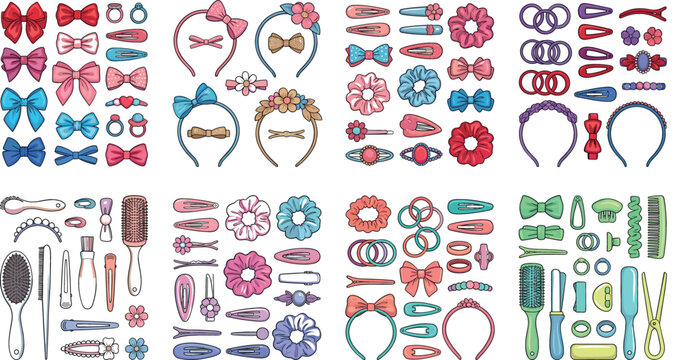 Hair accessories vector icon set with hand drawn colorful bows headbands scrunchies clips hairpins barrettes combs and brushes isolated on white background