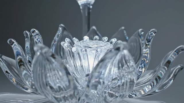 Elegant glass lotus flower sculpture representing zen meditation and spiritual wellness on a grey background.
