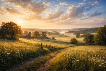 Fototapeta premium Serene rural panorama under a sky filled with soft white clouds and warm morning hues
