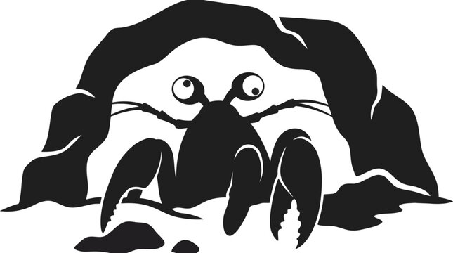 Funny black and white cartoon turtle silhouette crawling under rock with expressive eyes illustration isolated on white background