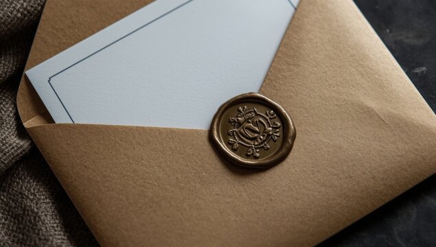 Bronze envelope with wax seal containing wedding invitation