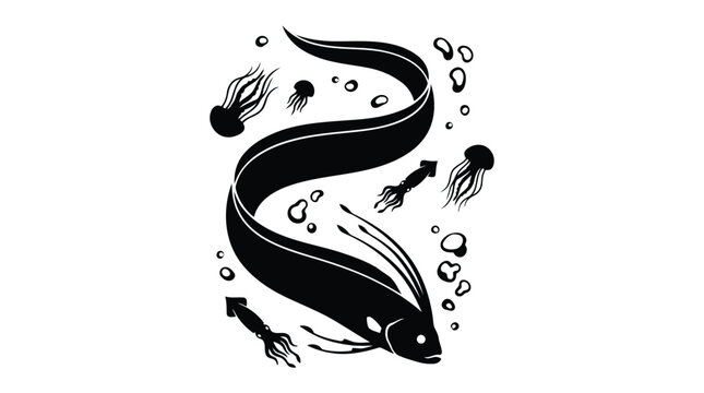 Black eel fish swimming with jellyfish and bubbles illustration isolated on white background