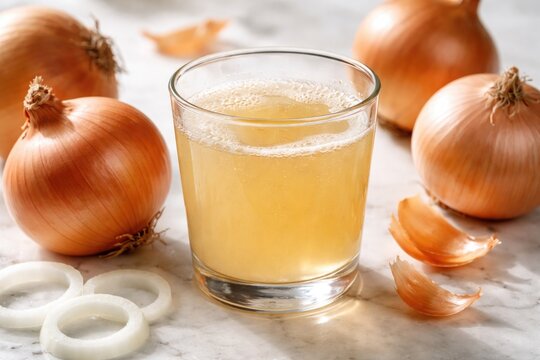 Close focus on fresh organic Allium cepa juice in clear glass with unpeeled onions on white