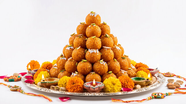 Traditional Motichoor Laddoo Pyramid with Diwali Diya and Marigold Flowers