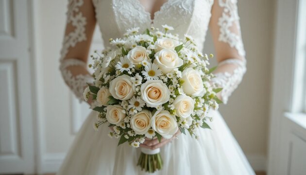 Bride in white wedding dress holding bouquet of cream roses symbolizing purity celebration elegance love and timeless marriage tradition in ceremonial composition