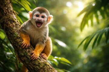 Fototapeta premium Joyful Saimiri squirrel monkey perched on rainforest tree with copyspace