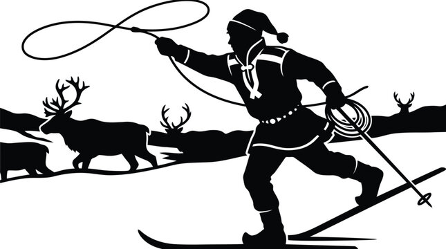 Traditional hunter chasing deer with lasso and skis on snowy winter landscape silhouette isolated on white background