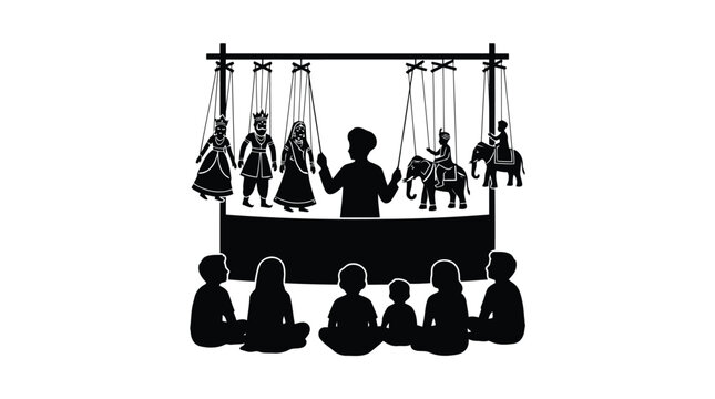 Traditional puppeteer controlling marionette show with audience silhouette illustration isolated on white background