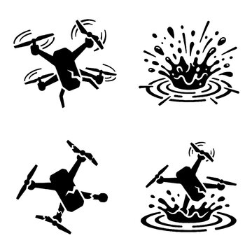 Set of black and white drone icons with water splash effects.