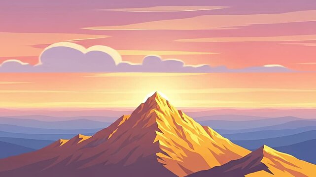 Vector illustration of mountain range silhouetted against a vibrant sunset sky