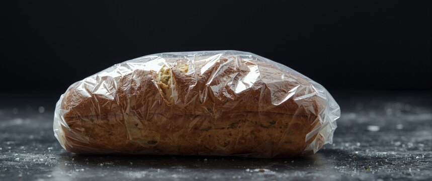 Bread Loaf Wrapped in Freezer Storage Bag Black Background, Close-Up, Fresh Texture