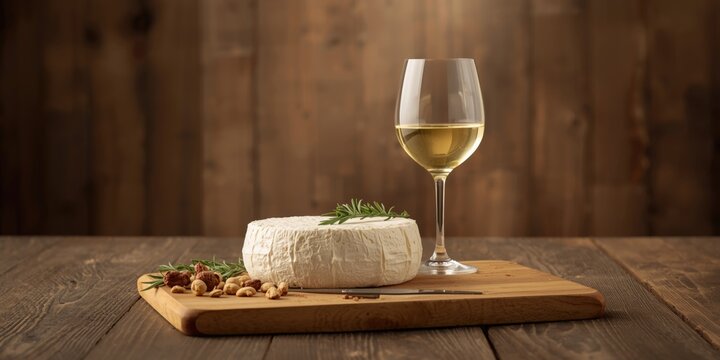 Camembert Cheese and White Wine on Rustic Timber Board Cozy Setting, Earthy Tones
