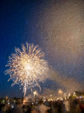 A vivid impressionist-style painting capturing a spectacular fireworks display bursting in a deep blue night sky, with soft brushstrokes and luminous colors creating a festive atmosphere.