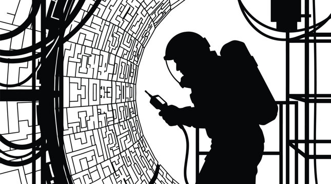 Welder silhouette with arc welding equipment and intricate maze background isolated on white background