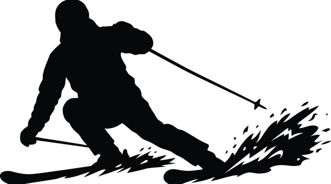 Dynamic black silhouette of skier in action with snow spray isolated on white background