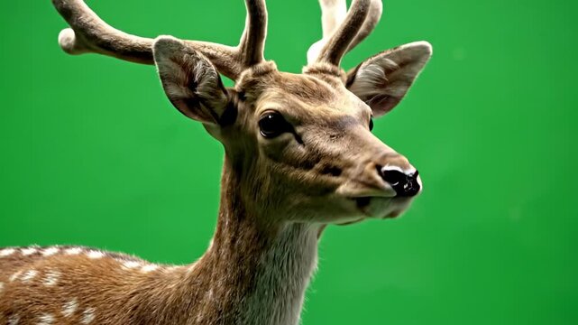 Majestic spotted deer with large antlers standing against a green screen background for chroma key compositing.