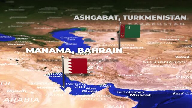 Flight From Ashgabat Turkmenistan to Manama BAHRAIN with flag pins
