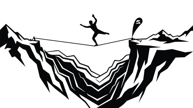 Dynamic tightrope walker balancing on wire between cliffs with extreme sports action vector graphics isolated on white background