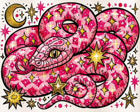 A vibrant, stylized illustration of a pink snake adorned with sparkling stars and geometric patterns, set against a background of celestial elements like a crescent moon and scattered stars.