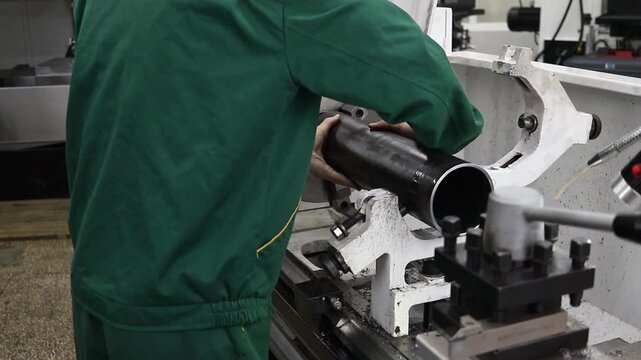 Students working on a lathe in a training workshop during a practical lesson. Close-up
