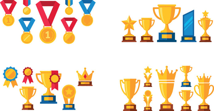 Golden trophy cups and winner medals vector illustration set with championship awards stars crowns and ribbons for sports tournament or corporate success celebration design.