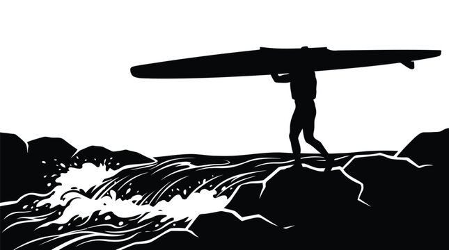 Surfer silhouette carrying surfboard on rocky coastal cliff with ocean waves black graphic isolated on white background