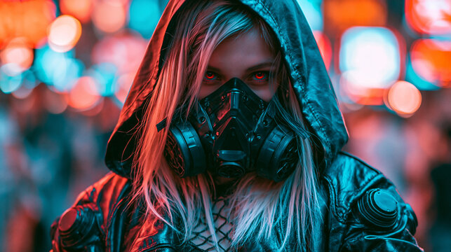 cyberpunk girl with gas mask in neon city, futuristic woman in leather hoodie and respirator, sci fi female warrior with glowing eyes