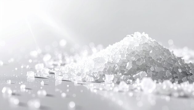 Bright white creatine monohydrate powder pile, isolated with sparkling light for fitness and health supplements.