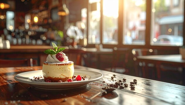 昭和レトロな純喫茶の店内とテーブルの上のプリンアラモード：コピースペースのあるヴィンテージ風背景素材