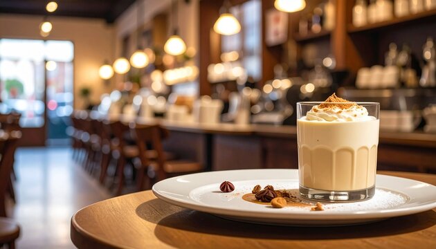 あたたかい光が灯るレトロな喫茶店の店内とテーブルの上のグラスデザート：コピースペースのあるヴィンテージ風背景素材