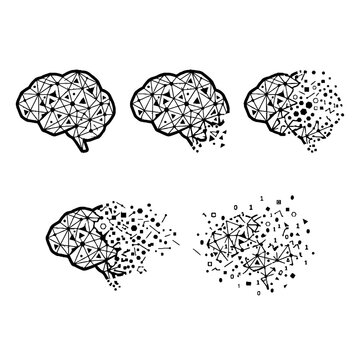 Set of human brain icons showing stages of disintegration and data fragmentation.