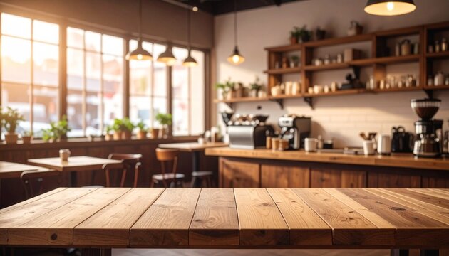 夕暮れ時の光が差し込むレトロで温かみのある木造カフェの店内：コピースペースのある無人のウッドテーブル背景素材