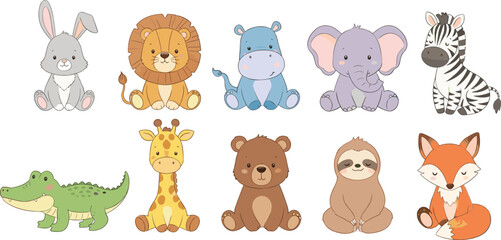 Fototapeta premium Cute safari and woodland animal cartoon vector illustration set featuring lion elephant zebra fox bear rabbit and jungle creatures in flat style isolated