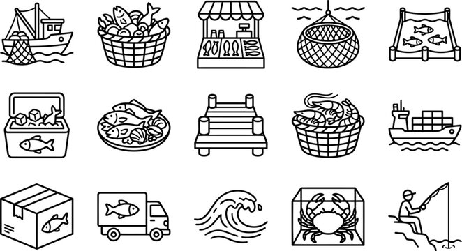 Fish seafood boat truck wave fishing line crab box plate cooler dock icons
