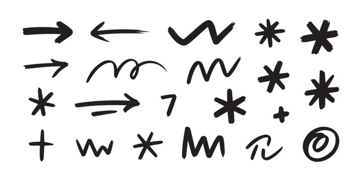 Assorted hand drawn doodle elements including stars arrows and zigzags for artistic decorations.