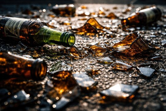 Zoomed in image of smashed beer bottles scattered on ground with sharp light reflections