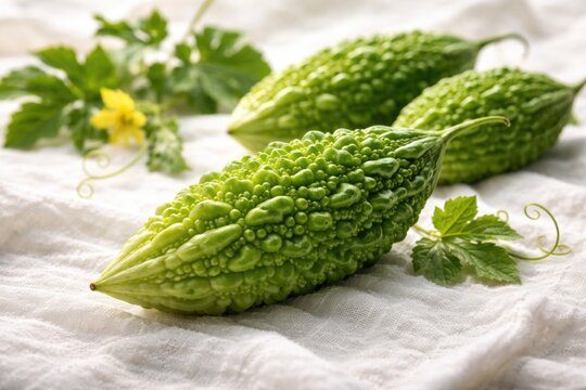 Soft white textured background highlighting Momordica charantia