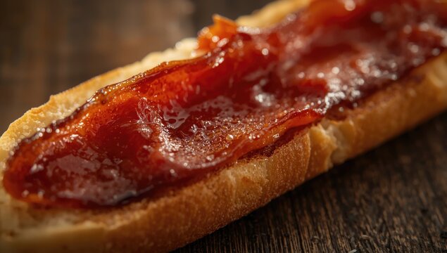 Caramelized Bacon Jam Spread on Crispy Baguette Close-Up, Rustic Style