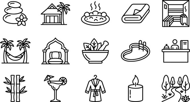 Line drawn icons of spa and wellness center services and amenities
