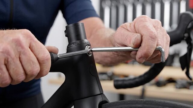 Closeup of a mechanic adjusting the headset of a modern carbon road bicycle using an lshaped hex key in a workshop setting