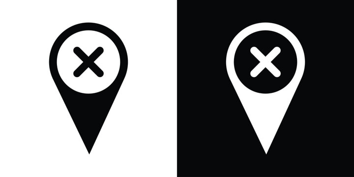 Cross mark location pin icon vector illustration. Map pointer with X symbol isolated on black and white background for canceled destinations, wrong places, or restricted locations.