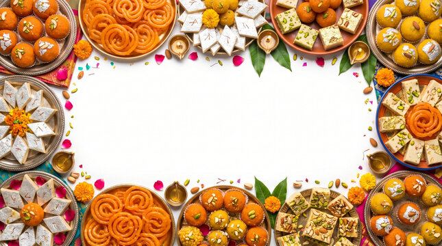 Assorted Traditional Indian Mithai Sweets Border Frame with Copy Space for Diwali