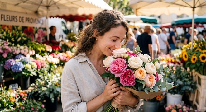 Joyful woman delights in the fragrant beauty of a fresh bouquet at a bustling outdoor flower market, embracing the vibrant atmosphere and colorful blooms on a sunny day